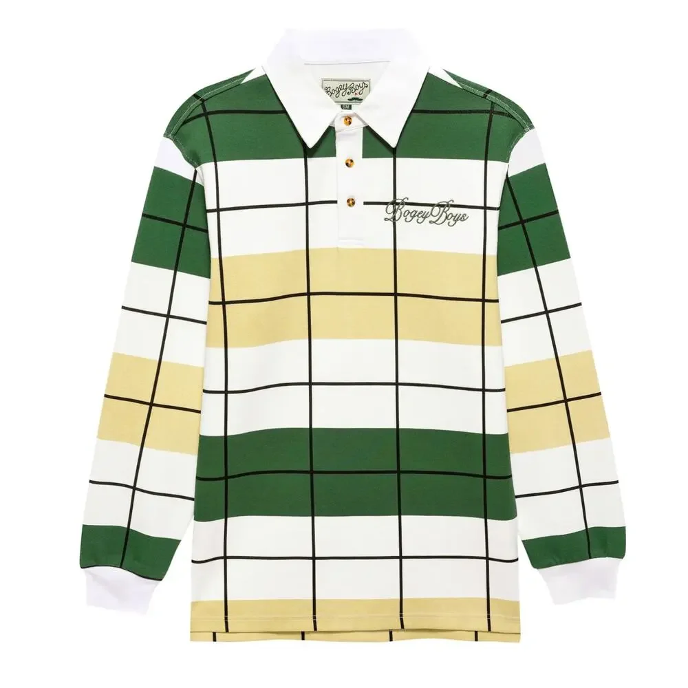 Bogey Boys Sz SM Green Yellow White Long Sleeve Offset Check Polo Shirt